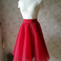 Lady Red Knee Length Tulle Skirt - Thumbnail 1