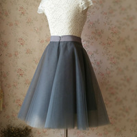 Women Dark Gray Aline Tulle Midi Skirt Gray Tutu Skirt Party Skirt Circle Tulle Skirt Plus Size - Thumbnail 2