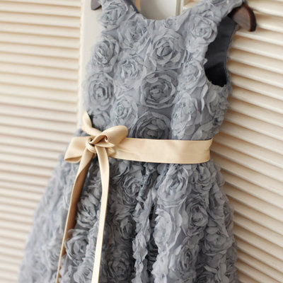 Gray rosette flower girl dress/champagne gold sash children toddler party dress for wedding junior bridesmaid dress