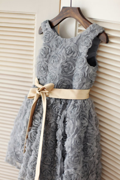 Gray Rosette Flower Girl Dress/Champagne Gold Sash Children Toddler Party Dress for Wedding Junior Bridesmaid Dress