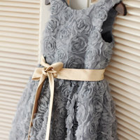 Gray Rosette Flower Girl Dress/Champagne Gold Sash Children Toddler Party Dress for Wedding Junior Bridesmaid Dress - Thumbnail 1