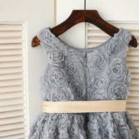 Gray Rosette Flower Girl Dress/Champagne Gold Sash Children Toddler Party Dress for Wedding Junior Bridesmaid Dress - Thumbnail 2
