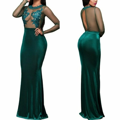 Dark green mermaid prom dresses crew neck sheer long sleeve lace bodice evening dresses long party gowns vestidos