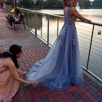 Baby Blue Ball Gown Tulle Prom Dresses White Appliques Sleeveless Evening Dresses Party Gowns Vestidos - Thumbnail 1