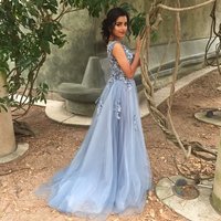 Baby Blue Ball Gown Tulle Prom Dresses White Appliques Sleeveless Evening Dresses Party Gowns Vestidos - Thumbnail 2