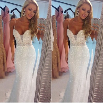 Sexy spaghetti straps sequin luxury bling evening dress long white prom dress mermaid evening dress party gown - Thumbnail 3