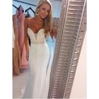 Sexy Spaghetti Straps Sequin Luxury Bling Evening Dress Long White Prom Dress Mermaid Evening Dress Party Gown - Thumbnail 1