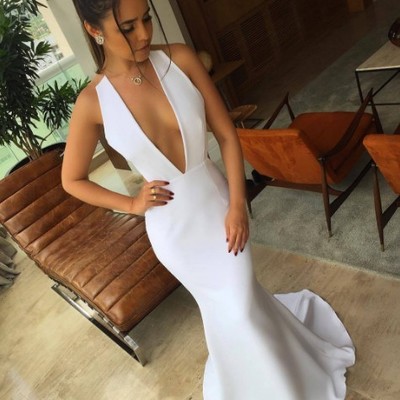  mermaid white prom dress,sexy open back white evening dress， white sexy deep v neck party gowns