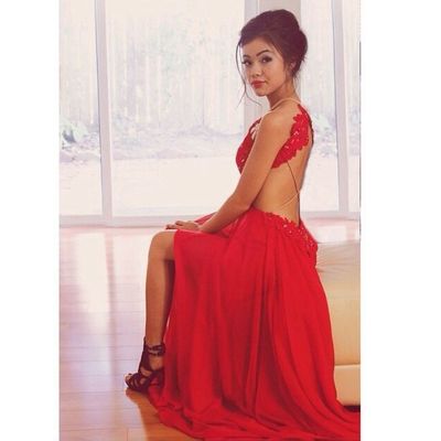 Lace appliques evening dresses,halter floor-length evening dresses, real made long prom dresses,chiffon red prom dresses, graduation dresses - Thumbnail 4