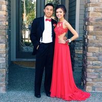 Lace Appliques Evening Dresses,Halter Floor-Length Evening Dresses, Real Made Long Prom Dresses,Chiffon Red Prom Dresses, Graduation Dresses - Thumbnail 1