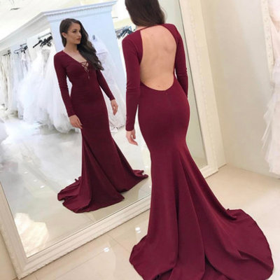 Long sleeves burgundy evening dress,sexy open back prom dress,mermaid sexy burgundy prom gown,mermaid long sleeves open back graduation dress