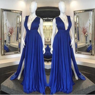 Sexy Slit Prom Dress,Royal Blue Evening Dress,Sexy Deep V-neckline Prom Gown,Slit Graduation Dress