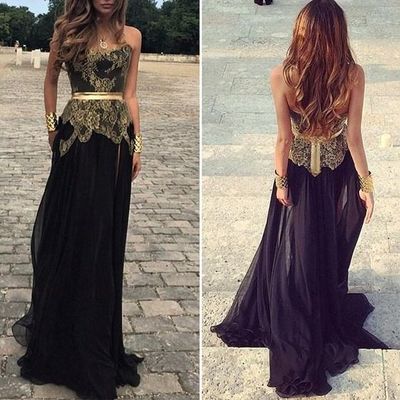 Black prom dresses,strapless prom dress,lace prom dress,gold lace prom dresses,formal gown,simple evening gowns,unique party dress,lace prom gown - Thumbnail 3