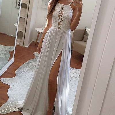 Simple white lace applique halter prom dress,long evening dress with side slit,floor length formal dress
