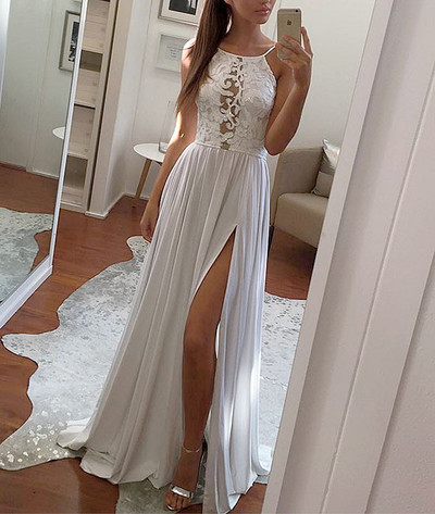 Simple White Lace Applique Halter Prom Dress,Long Evening Dress with Side Slit,Floor Length Formal Dress