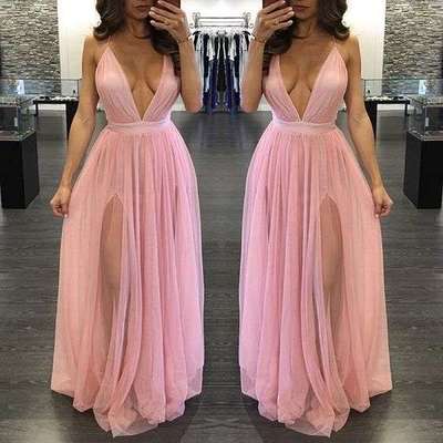 Pink a line tulle prom dresses sexy deep v neck sleeveless evening dresses party gowns