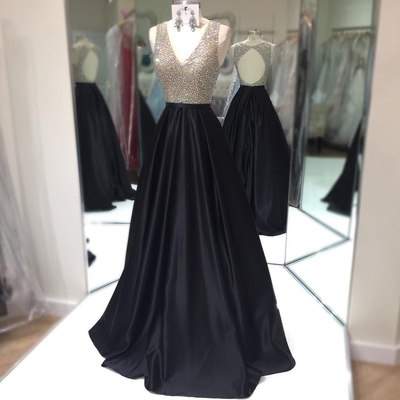 Black a line satin prom dress sexy deep v neck beading crystals sleeveless evening dresses long party gowns