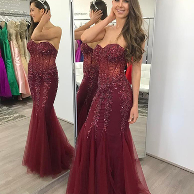 Strapless burgundy mermaid prom dress,mermaid formal dress,beaded pageant prom gown