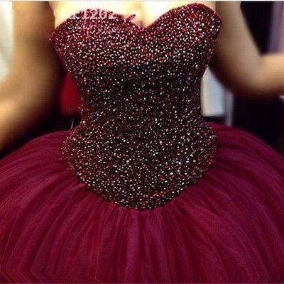 Burgundy wine red prom dress ball gown beaded tulle long prom dresses evening dresses - Thumbnail 3