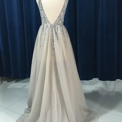 Sparkly prom dresses,long a-line v-neck beading crystal backaless prom party dresses plus size 