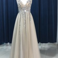 Sparkly Prom Dresses,Long A-line V-neck Beading Crystal Backaless Prom Party Dresses Plus Size  - Thumbnail 1