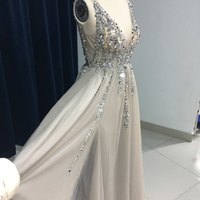 Sparkly Prom Dresses,Long A-line V-neck Beading Crystal Backaless Prom Party Dresses Plus Size  - Thumbnail 2