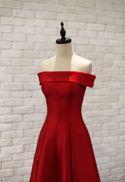 Burgundy A-line Ankle Length Off-shoulder Satin Prom Dresses RE88