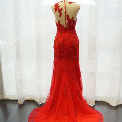 Fashion mermaid o-neck lace applique prom dresses long formal evening gowns re122