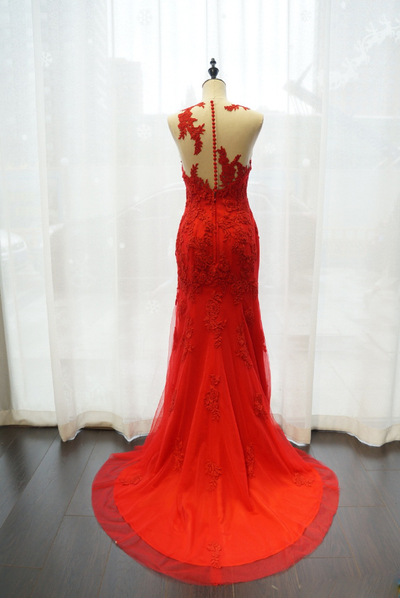 Fashion Mermaid O-neck Lace Applique Prom Dresses Long Formal Evening Gowns RE122