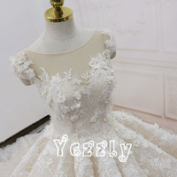 Luxury Ball Gown Puffy Lace Applique Flowers Wedding Dresses 2017 Long Crystal Wedding Gowns  - Thumbnail 1