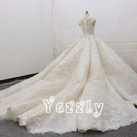 Luxury Ball Gown Puffy Lace Applique Flowers Wedding Dresses 2017 Long Crystal Wedding Gowns  - Thumbnail 3