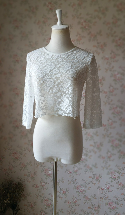 Women Sleeve Crop Lace Top Plus Size Crop Top Blouse Crop Sleeve Lace Wedding Top Bridesmaid Lace Top