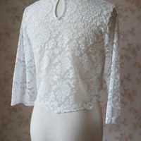 Women Sleeve Crop Lace Top Plus Size Crop Top Blouse Crop Sleeve Lace Wedding Top Bridesmaid Lace Top - Thumbnail 4