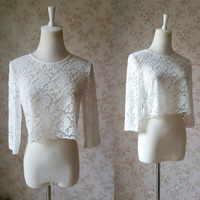 Women Sleeve Crop Lace Top Plus Size Crop Top Blouse Crop Sleeve Lace Wedding Top Bridesmaid Lace Top - Thumbnail 1