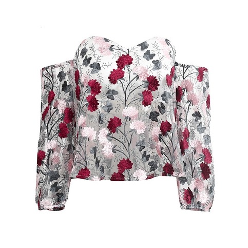 Off Shoulder Flowers Sheer Embroidered Blouse