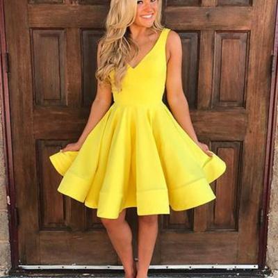 Yellow a-line  satin short prom dress, yellow homecoming dress