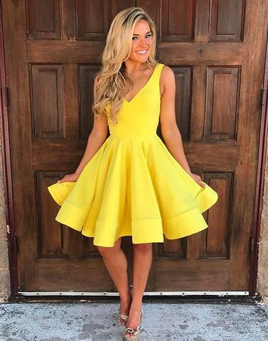 Yellow A-line  satin short prom dress, yellow homecoming dress