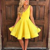 Yellow A-line  satin short prom dress, yellow homecoming dress - Thumbnail 1