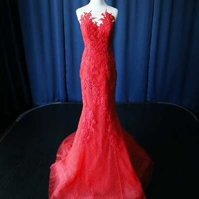 Fashion mermaid long lace applique prom dresses burgundy prom dress with buttons re129