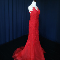 Fashion Mermaid Long Lace Applique Prom Dresses Burgundy Prom Dress With Buttons RE129 - Thumbnail 2