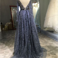 Luxury Long Sleeves Embroidery Beading Prom Evening Dresses Long Slit Backless Prom Party Dresses RE134 - Thumbnail 1