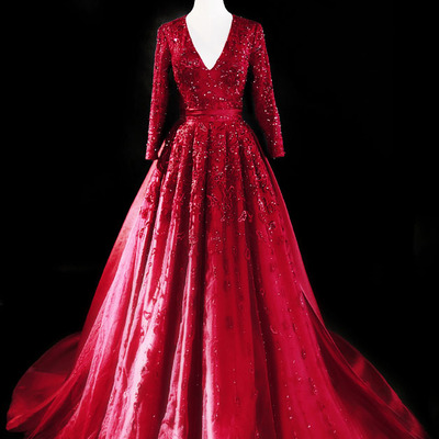 Real photos v-neck long sleeves lace applique beaded prom evening dresses backless detachable skirt prom party dresses re140