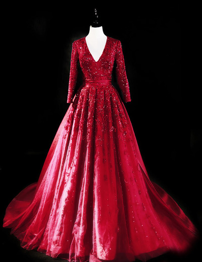 Real Photos V-neck Long Sleeves Lace Applique Beaded Prom Evening Dresses Backless Detachable Skirt Prom Party Dresses RE140