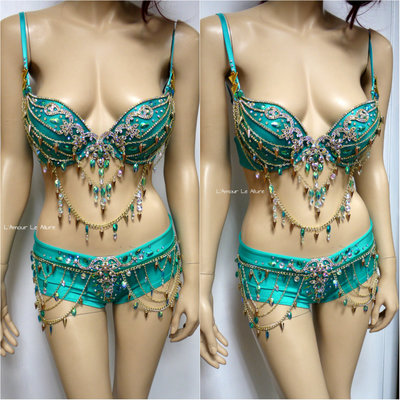 Jade princess jasmine gold chain scrunchie bottom cosplay dance costume rave bra rave wear halloween burlesque show girl