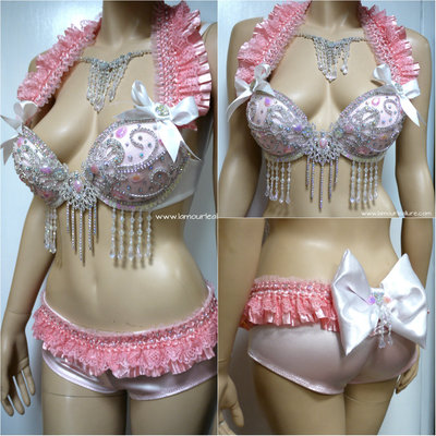 Sweet pastel pink glitter bra with scrunchie bottom cosplay dance costume rave bra rave wear halloween burlesque show girl