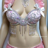 Sweet Pastel Pink Glitter Bra with Scrunchie Bottom Cosplay Dance Costume Rave Bra Rave Wear Halloween Burlesque Show Girl - Thumbnail 2