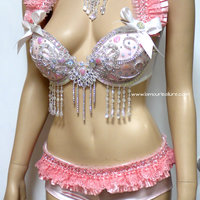 Sweet Pastel Pink Glitter Bra with Scrunchie Bottom Cosplay Dance Costume Rave Bra Rave Wear Halloween Burlesque Show Girl - Thumbnail 1