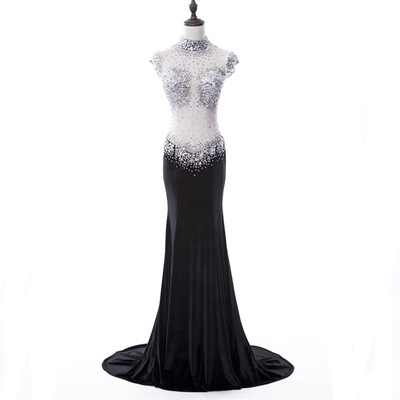 Sexy see through high neck cap sleeves mermaid rhinestones prom dresses long velvet black prom party dresses re152