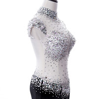 Sexy See Through High Neck Cap Sleeves Mermaid Rhinestones Prom Dresses Long Velvet Black Prom Party Dresses RE152 - Thumbnail 1