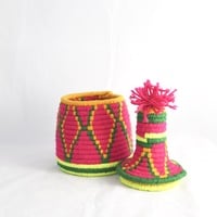 Berber Basket Handwoven Vintage Moroccan Wool Lidded Basket - Thumbnail 1